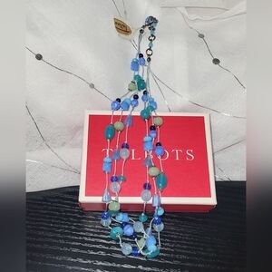Talbots 3 Strand Blue Aqua Green Glass Silver Ton Statement Necklace Vintage NWT
